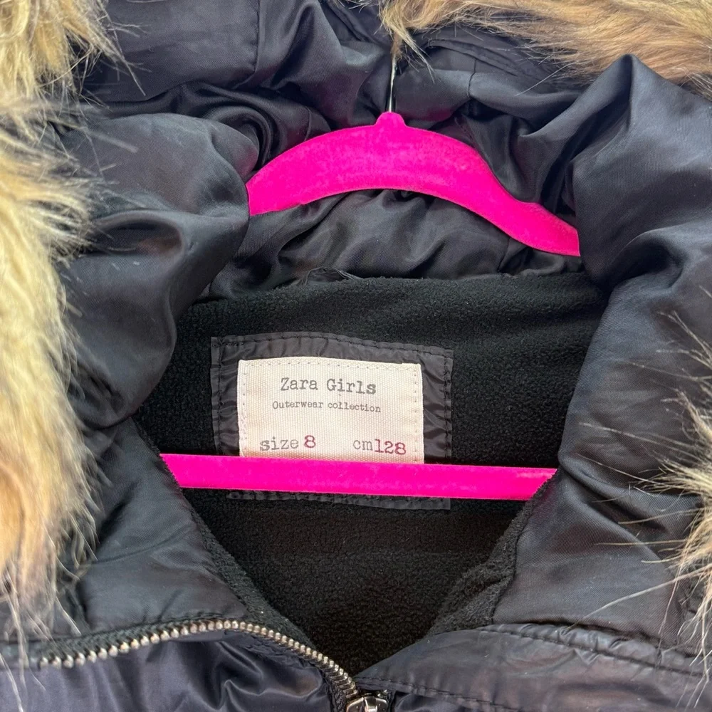ZARA -‎ Girls black quilted hooded faux fur coat zip up black winter jacket SZ 8